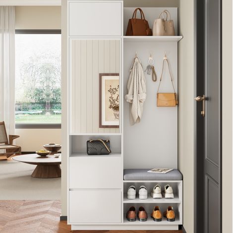 Mueble recibidor con espejo zapatero y banco blanco OKMYHOME (1/5)