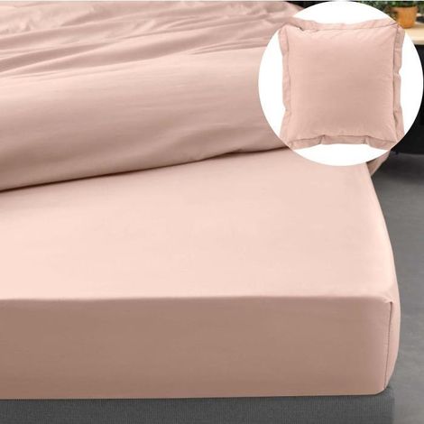 Drap housse qualité hotêl 160 x 200 cm + 2 taies en percale 78 fils Rose (1/4)