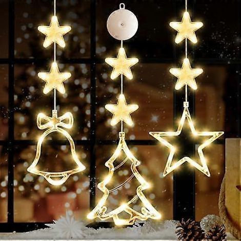 [Minuterie 3 pièces Décorations lumineuses de Noël pour fenêtre, guirlande lumineuse à piles en forme d'étoile et cloche, avec ventouse LED blanc chaud pour sapin de Noël (1/4)