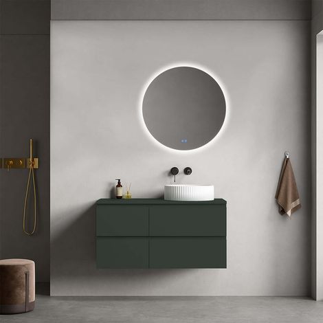 Mobile bagno sospeso reversibile  100 cm Verde Comodoro  per Lavabo d'appoggio Specchio Tondo Retroilluminato - Fiji Paint Top