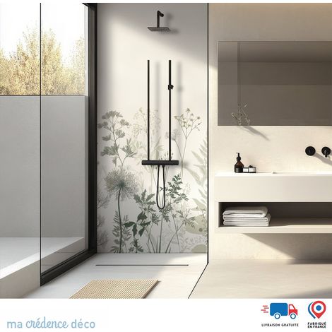 Panneau de douche : Dessin et fleurs sauvages 2 - Couleur Vert émeraude - Alu composite - 90 - 245 (1/3)