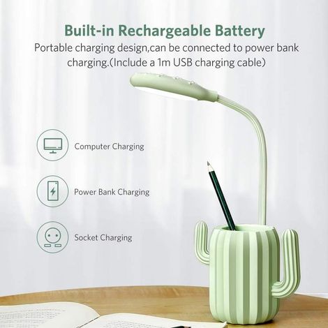 Lampe de Bureau Enfant, Lampe de Bureau LED Tactile Dimmable Lampe Chevet Lecture Chargeable Desk Lamp Sans Fil Porte Stylo (Vert) (1/4)