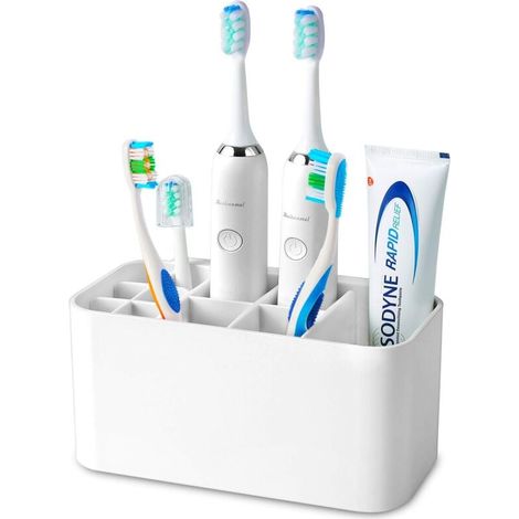 Toothbrush holder, Multifunctional electric toothbrush holder, Wall-mounted toothbrush holder, 4 compartments for toothbrushes + 6 compartments for electric toothbrush heads (White) (1/5)