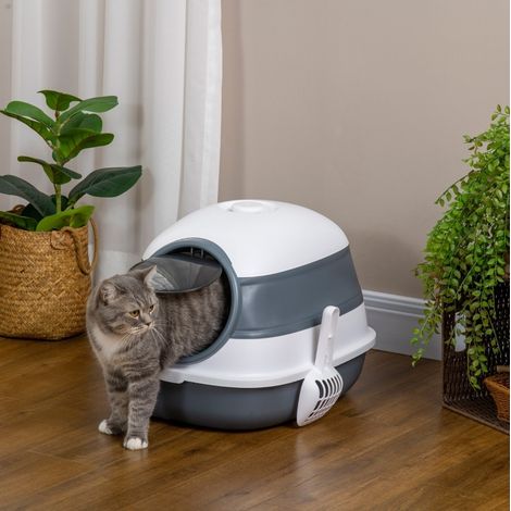 Litière pour chat fermée pliable avec pelle, 52 x 41 x 38 cm, blanc/gris OKMYHOME (1/5)