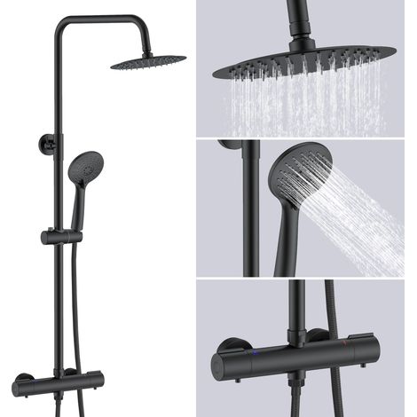 AICA Matte Black Mixer Shower Exposed Valve Themostatic Round Bar Set (1/5)