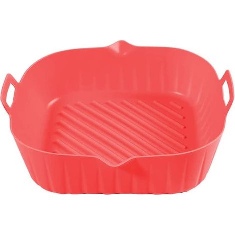 Set de 2 paniers en silicone pour friteuse à air chaud , design avec guide à huile, rouge, 24x22x6cm (1/5)