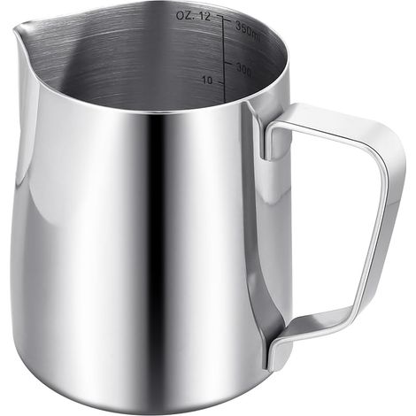 Pichet Mousseur à Lait pour Machine à Café,Pichet à Lait en Acier Inox 304 de 350 ml/12 oz,Accessoires de Barista en Métal pour Cappuccino Latte et Expresso,Passe au Lave-vaisselle (1/5)