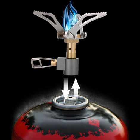 Réchaud à gaz de camping portable, mini, pliable et durable, en métal, avec brûleur intégré. (1/5)