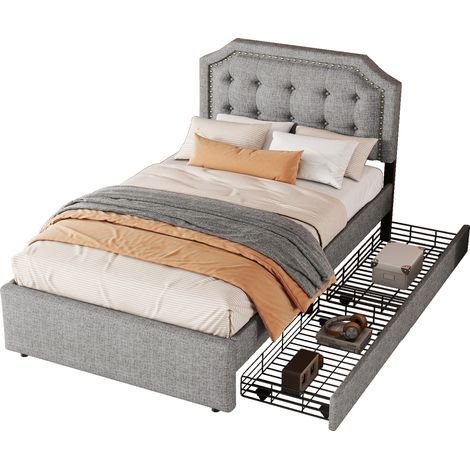 Lit 90x200 cm en MDF et tissu effet lin gris, rembourré avec clous décoratifs, 2 tiroirs, sommier à lattes inclus (1/5)