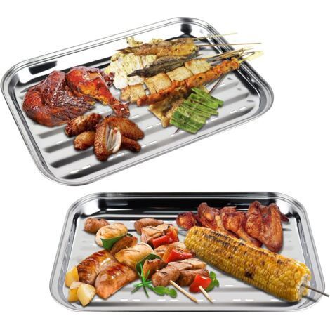 2 Pièces Barquette avec Trous BBQ Grille Panier,34.9 x 24.5 cm Paniers a Grillades Acier Inoxydable pour légumes,Réutilisables Plat de Cuisson Legumes Plateau Barbecue (1/4)