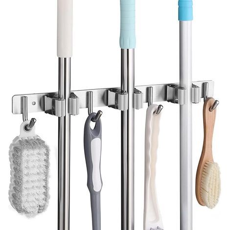 Wandmontierter Besenhalter mit 3 Schlitzen und 4 Haken – Organisation für Küche, Bad, Garage und Garten (1/5)