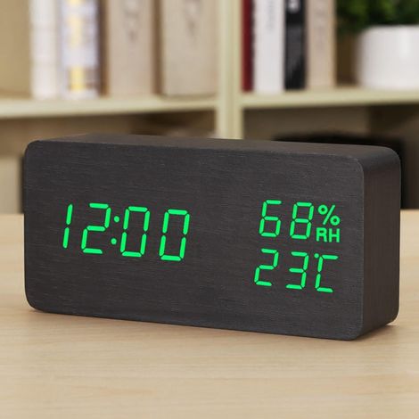 Acelektronischer Réveil en bois LED, Horloge numérique chambre, date température humidité, alarme rechargeable 3 niveaux (1/4)