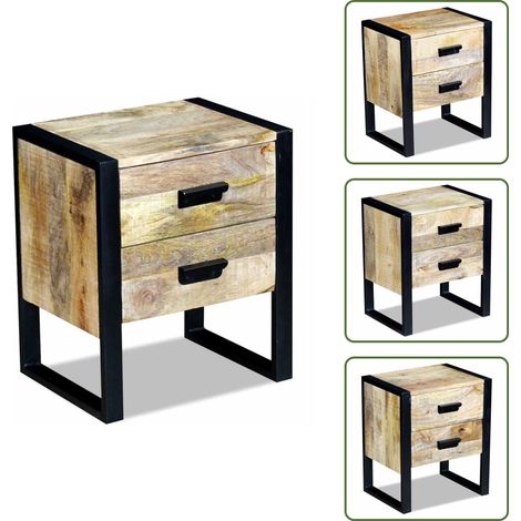 Table auxiliaire à 2 tiroirs bois manguier massif 43x33x51 cm - Table Industrielle - Table De Nuit - Table D'appoint - Meubles Vintage - Mobilier Rustique (1/5)