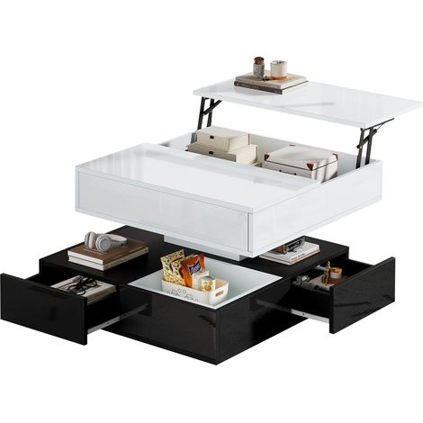 Table basse géométrique blanc et noir, 70x70x40 cm, 3 tiroirs et plateau tournant 360° – Double niveau, meuble d’appoint gain de place