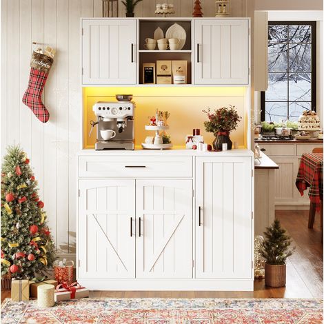 Credenza cucina bianca 110x38x180 cm con LED e prese, in MDF e metallo, stile country, OKWISH (1/5)