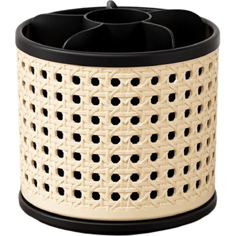 Organisateur de maquillage rotatif à 360°, boîte de rangement de bureau en imitation rotin, grande capacité, compartiment pour pinceaux, noir (1/5)