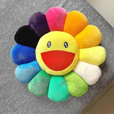 Coussin en peluche multicolore à motif floral arc-en-ciel (40 cm, jaune vif) (1/2)