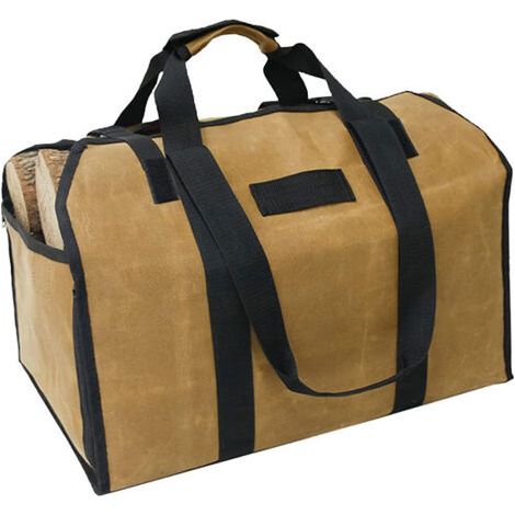 QORVA-Sac de Transport pour Bois de Cheminée - Robuste avec Poignées et Sangle de Sécurité pour Camping et Intérieur - Support en Bouleau, Marron