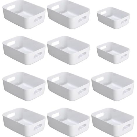 Cestini portaoggetti in plastica, set di 12 cestini portaoggetti impilabili con manici per cucina, guardaroba, ufficio (bianco) (1/3)