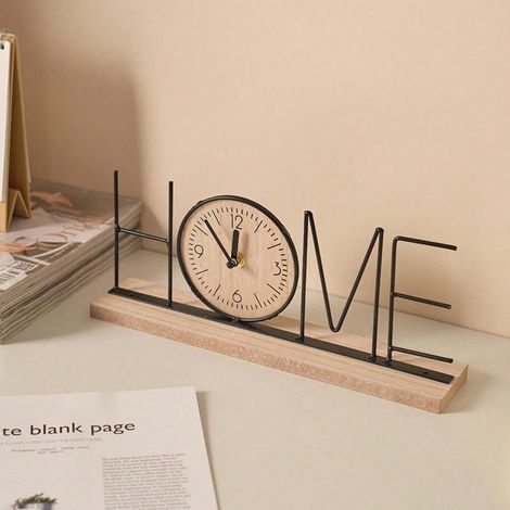 Horloge de table en fil métallique avec socle en bois, horloge de bureau silencieuse sans tic-tac, modèle minimaliste à lettres en fer creux, décoration de table pour salon et chambre à coucher (1/5)