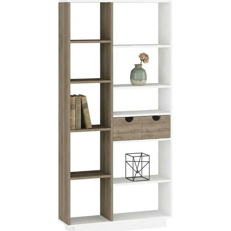Libreria Imer, Biblioteca 8 Ripiani, 2 Cassetti, Installazione Libera, 80x25x189h cm Bianco Rovere