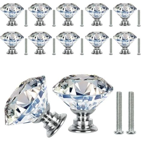 Lot de 12 poignées de porte en diamant transparent 30 mm avec vis, tirage pour placard et tiroir en cristal (1/5)