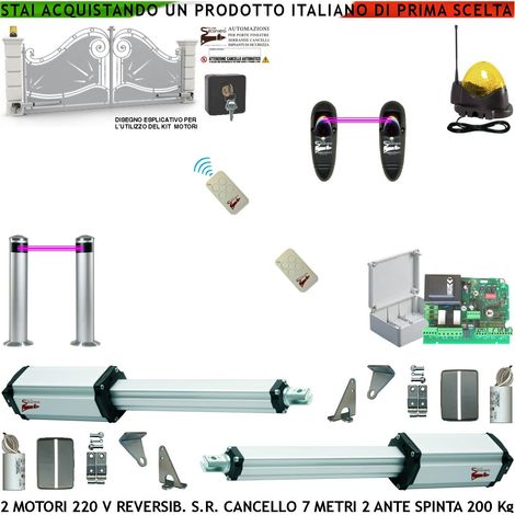 Automatismo Cancello da 7 Metri 2 Ante da 3,5 Metri Motori 230 V Stelo Retrattile Reversibile Corsa Stelo 600 mm Spinta 250 Kg Radio 2 Coppie Fotocellule Paline 2 Radiocomandi Faro Antenna Selettore (1/4)