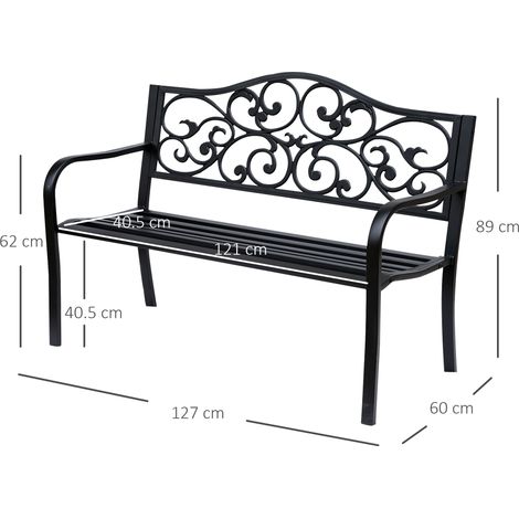 Banc de jardin 3 places en acier avec accoudoirs en fonte, noir, 127 x 60 x 89 cm, pour jardin, terrasse, balcon (1/5)