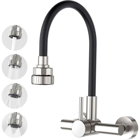 Mural Robinet de Cuisine 360° Flexible avec Pulvérisateur Quatre Fonction, Levier Mitigeur Robinet D'évier de Cuisine avec Tuyau en Silicone Noir, Acier Inoxydable brossé (1/4)