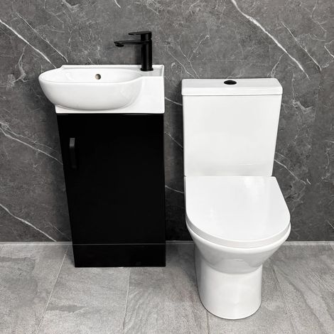 Bathroom Set Cloakroom Black Vanity Unit Black Handle and Closed Back Toilet, Without Tap & Waste
