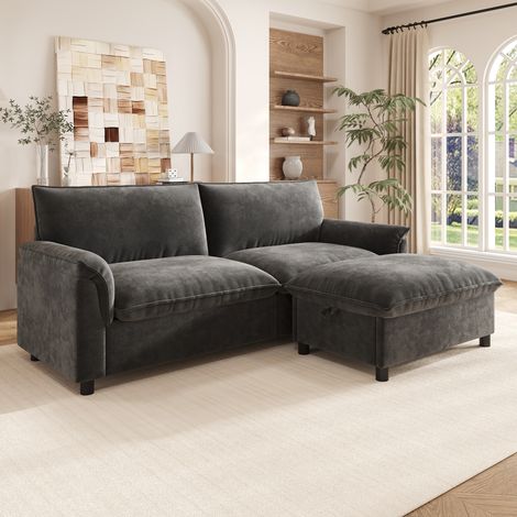 Canapé d'angle modulable Cloud, sofa moelleux pour séjour, style contemporain, assise spacieuse, canapé XXL avec pouf amovible, dossier surélevé, teinte noire, dimensions 216x82x77 cm (1/5)