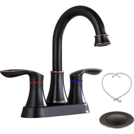 Robinet de salle de bain sur plage de 10 cm (4 po), bronze huilé, à 2 poignées, avec bonde escamotable (1/5)