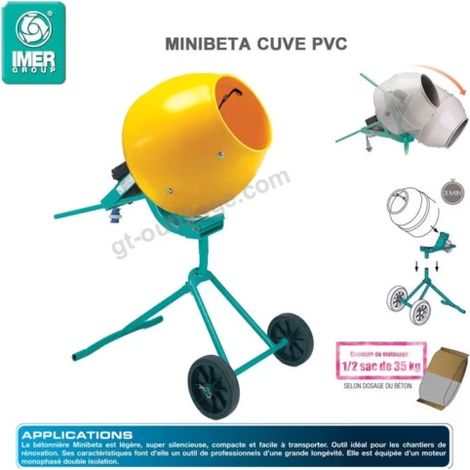 Imer – Bétonnière électrique 230V – Cuve plastique HDPE 134L – Moteur monophasé 0.3 kW – Pales en acier orientables 360°