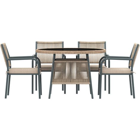 Set de meubles de jardin modernes en rotin. Comporte un plateau en verre rond, ainsi que 4 chaises avec dossiers. Structure en métal. Conçu pour être utilisé sur terrasses, balcons ou plages. (1/5)