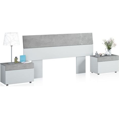 Cabezal con 2 mesitas cama matrimonio 135/150 cm en blanco y cemento estilo industrial (1/10)