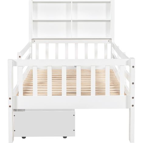 Multifunktions-Kinderbett weiß 90 x 200 mit Schubladen, Tafel und Lattenrost (1/5)