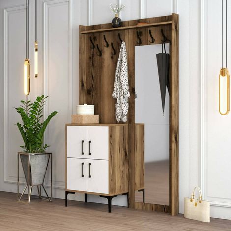 Dmora - Muebles de entrada Pollux, Entrada para perchas, Composición para atrio, Consola de almacenamiento multifunción, 120x35h200 cm, Nogal y Blanco, con embalaje reforzado (1/5)