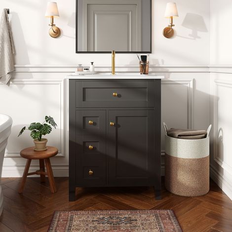 Meuble vasque salle d'eau sur pied 61 cm, noir laqué brillant, rangement avec abattant, 3 tiroirs à coulisse et placard à étagères – sans mitigeur (1/5)