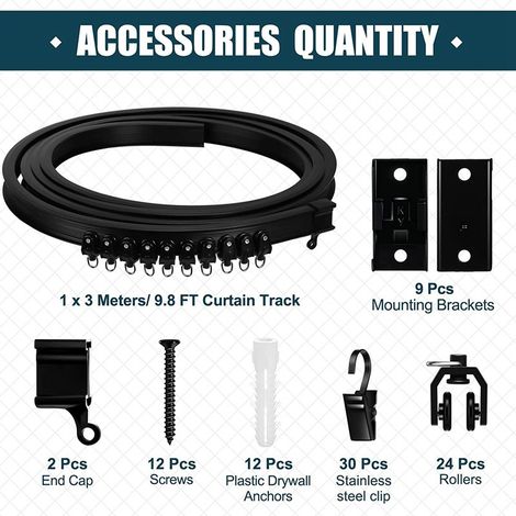 Black curved 3-meter curtain track set including accessories, U-shaped and L-shaped flexible tracks. (1/5)