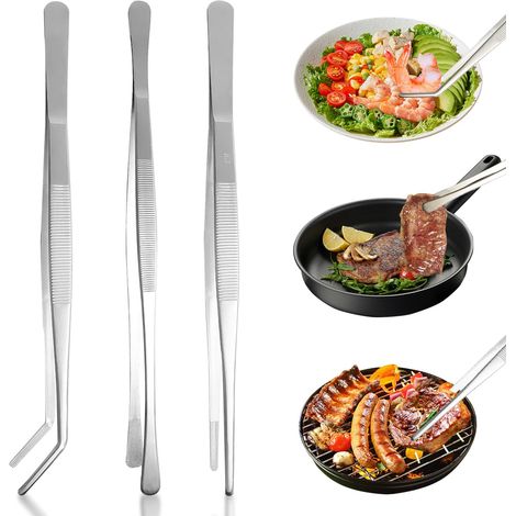 3 Pièces Pince Barbecue Inox, Pincette de Cuisine en Acier Inoxydable, 30 cm Pince Alimentaire, 3 Types de Pince du Chef, Utile de Cuisine pour la Cuisson, Le Barbecue et la Pâtisserie (1/5)