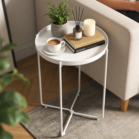 doporro Beistelltisch rund, Couchtisch klein Ø35 x H51 cm, kleiner Tisch mit 1 abnehmbarem Ablagen und Metallgestell für Wohnzimmer, Schlafzimmer und Balkon, Nachttisch, Beistelltisch Weiß Reglo-08