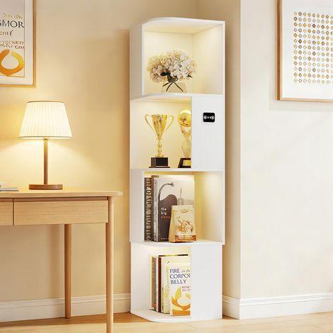 Eckvitrine mit 3 LED-Lichtmodi und Bewegungssensor, 4-stufiges Bücherregal, Weiß (1/5)