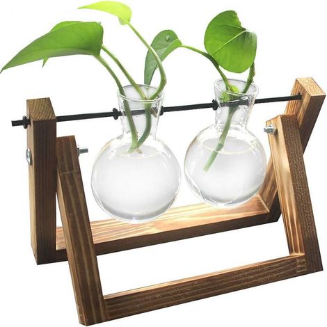 Support décoratif en bois avec vase en verre hydroponique, vase suspendu, vase à fleurs, vase de table, vase décoratif (1/5)