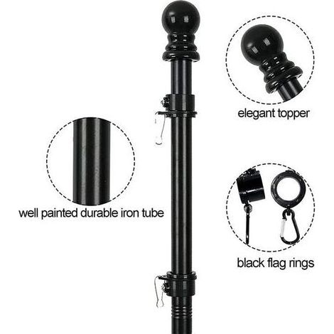 Kit de Mât de Drapeau en Aluminium Noir 150 cm, avec Support Mât de Drapeau en Acier Inoxydable à Fixe au Mur avec Anneaux Rotatifs/Sans Drapeau France (1/5)