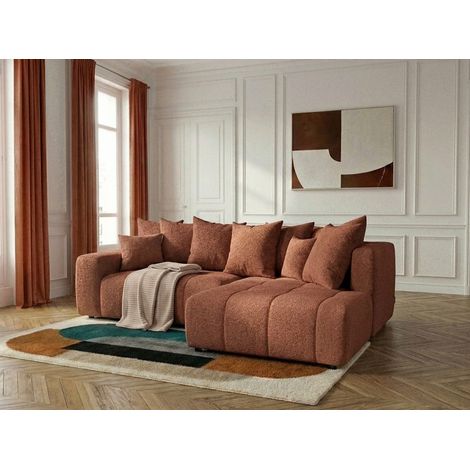 BOBOCHIC - Canapé d'angle L convertible coffre ROXELANE tissu bouclette Angle droit Orange (1/5)