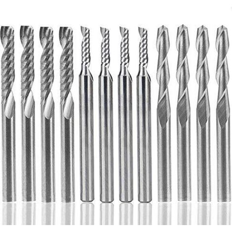 Jeu de 12 fraises en carbure, 4 fraises CNC à deux dents (3,175 mm) + 8 fraises à une seule dent (2 versions) pour nylon, résine, ABS, acrylique, PVC, MDF et bois (1/5)