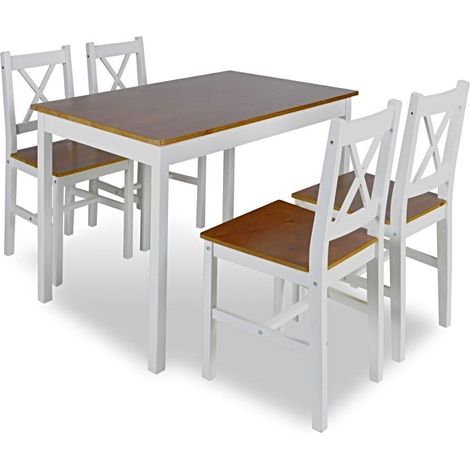 Set tavolo da pranzo soggiorno 108 cm in legno di pino + 4 sedie bianche e marroni