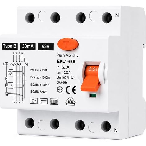Disjoncteur différentiel FI 63 A 30 mA 4 pôles type B Disjoncteur différentiel sensible Pour boîtes murales et stations de charge Fusible RCD (1/5)
