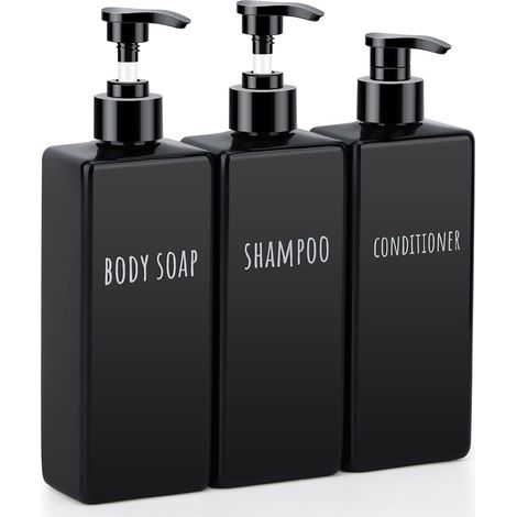 3 Pièces - Distributeur de Savon - Flacon Pompe - Rechargeable pour Shampoing et Gel Douche - Noir - 500ml