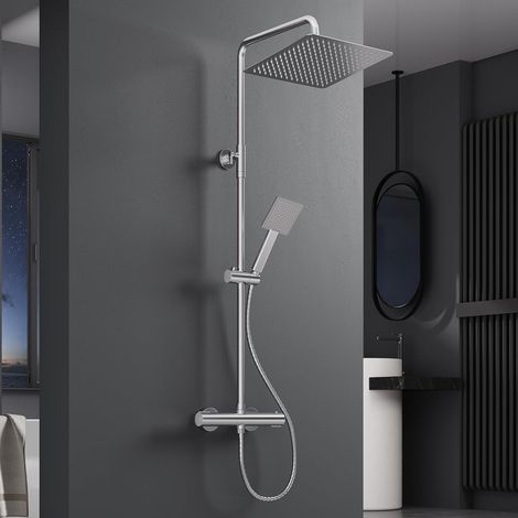 Colonne de Douche avec Mitigeur Thermostatique, Kit Douche Pluie Acier Inoxydable 304, Ciel 30x30 cm, Barre Réglable 88-125 cm, Adaptable aux Perçages, Douchette avec Flexible Anti-fuite, Chromé (1/5)